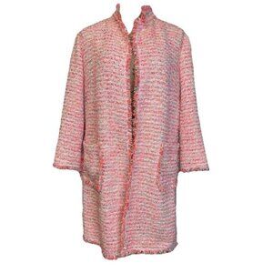 NEIMAN MARCUS Fringe Trim Boucle Jacket Tweed Pocket Blazer Pink Quiet Lux LARGE
